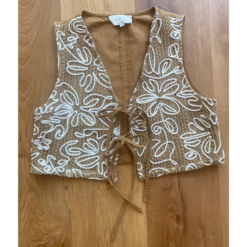La February Brown Embroidered Floral Cropped Tie Front Vest Boho Tan Small